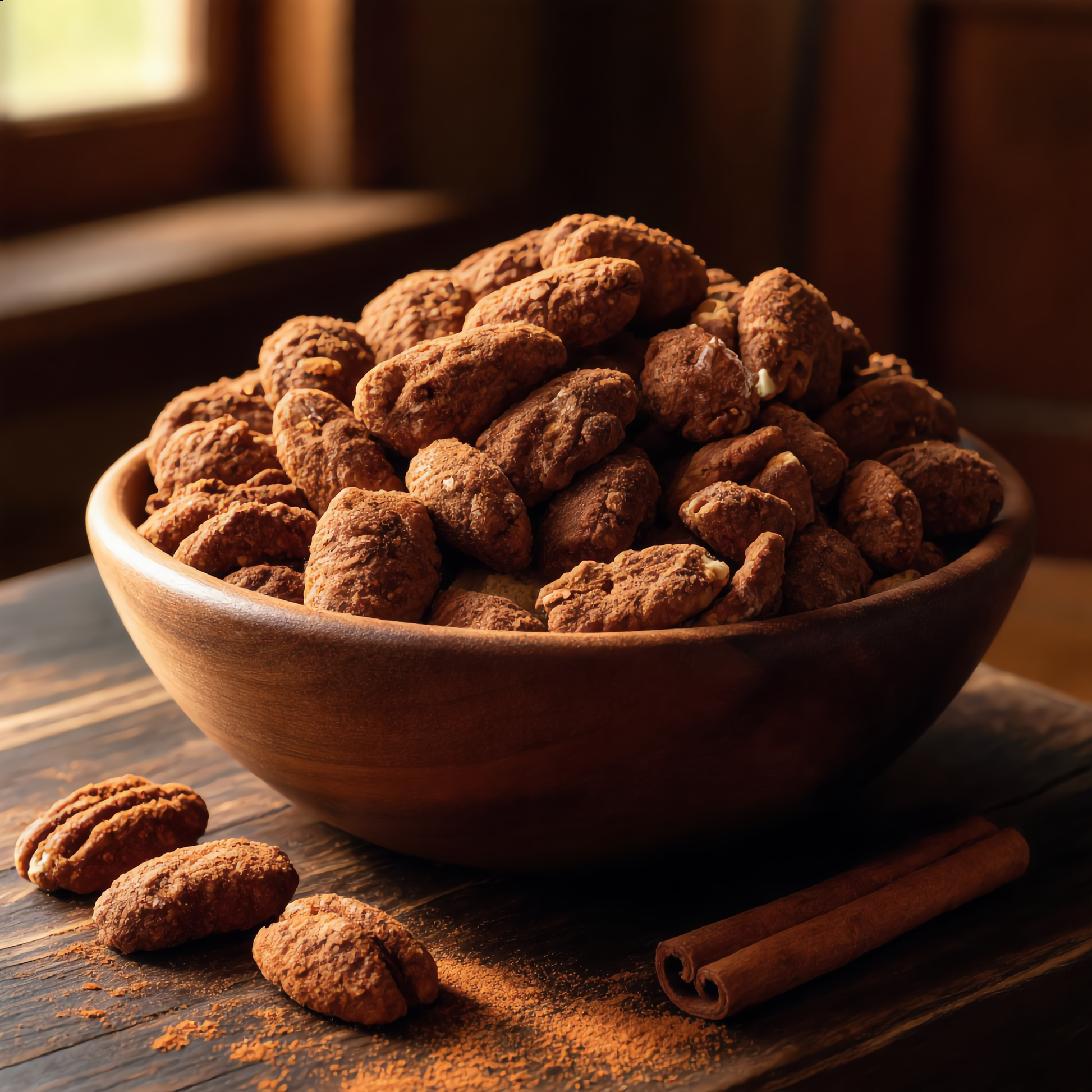 Buttered cinnamon pecans in a wooden bowl on a rustic table with a cinnamon stick